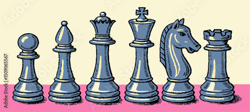 Blue Chess Pieces Row: King, Queen, Knight, Rook