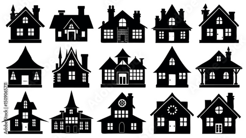 Collection of black silhouettes various house styles