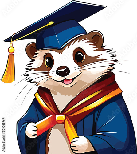 Cute Cartoon Graduate Animal Vector Illustration Cheerful Weasel Mascot Character In Graduation Gown For Educational Materials Certificates And Childrens Books Artwork