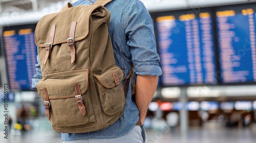 Man with backpack standing at the airport, checking the flight schedule board.
