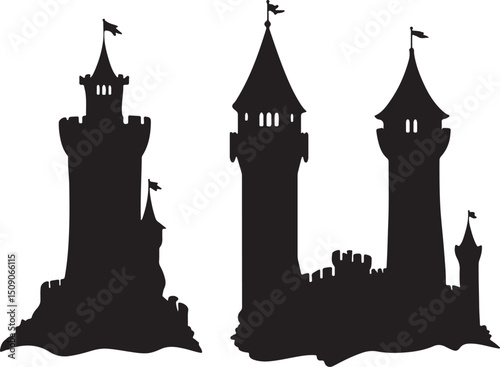 Castle Silhouette Vector: Medieval Towers, Fantasy Architecture, Black and White Illustration