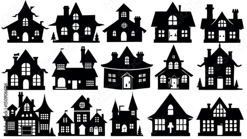Collection of black silhouettes of houses and mansions