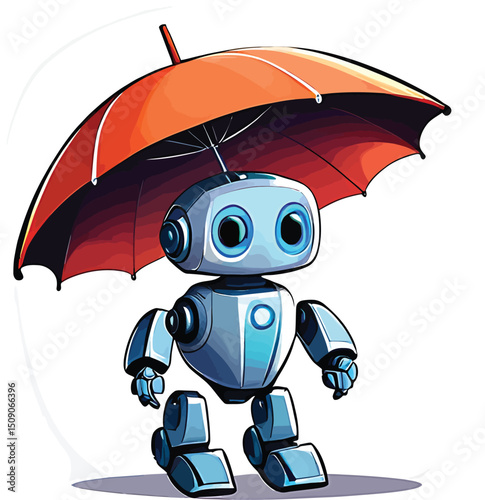 Cute Robot Under Umbrella Cartoon Illustration For Childrens Books Educational Material And Technology Websites Depicts A Playful Robotic Character Protected From The Elements Perfect For