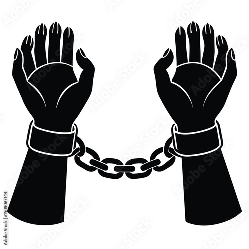 Bound Hands Vector Illustration of Shackled Wrists Connected by a Chain, Symbolizing Captivity, Imprisonment, or Oppression.  Downloadable EPS File.
