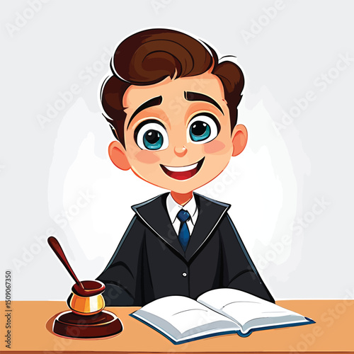 Friendly Cartoon Judge Vector Illustration A Smiling Young Judge In A Dark Robe And Blue Tie Sits Behind A Desk With An Open Book And Gavel Perfect For Legal Education Materials Child Friendly
