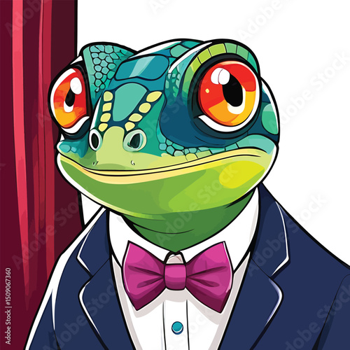 Cartoonish Reptile Portrait Sophisticated Anthropomorphic Character For Childrens Illustration And Graphic Design Featuring A Colorful Lizard In A Suit And Bow Tie