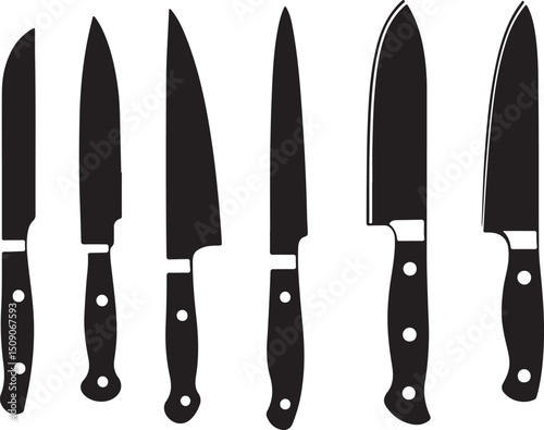 Set of Kitchen Knives Vector Illustration: Chef Knife, Paring Knife, Utility Knife, Black & White