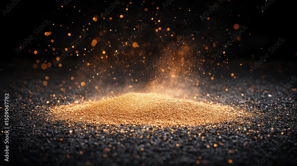 Golden sand pile, dark background, glittering particles, luxury texture, product display Golden sand pile, dark background, glittering particles, luxury texture, product display