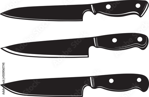 Black and White Vector Illustration of Kitchen Knives Set, Chef Knife Graphics, Cooking Tools