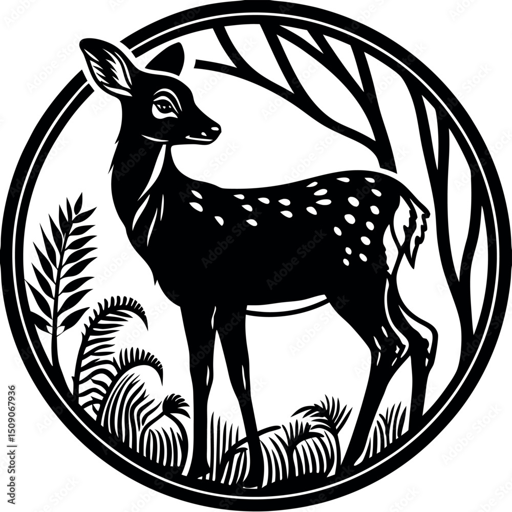 Fototapeta premium Elegant black and white deer in forest circle