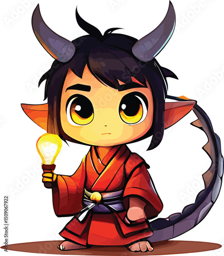 Whimsical Cartoon Creature With Horns Holding A Glowing Lightbulb Vector Illustration For Childrens Books Fantasy Art And Graphic Designs With A Touch Of Imagination And Wonder