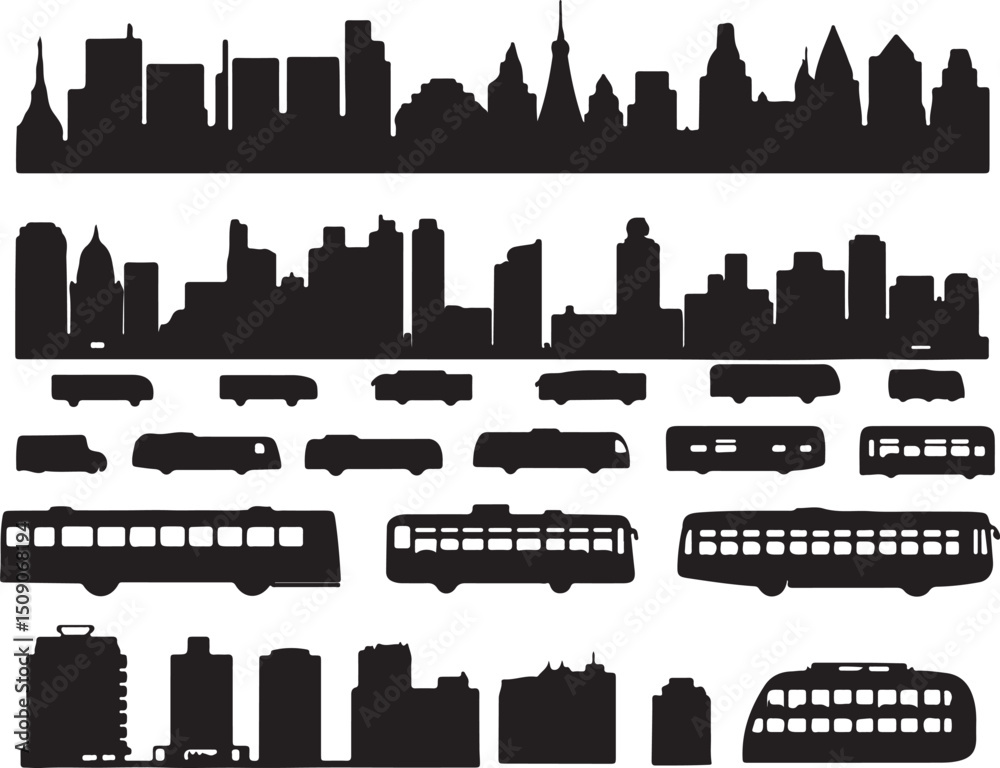 Cityscape Silhouette Vector Art: Buildings, Skyscrapers, Transportation, Buses, Urban Design Elements Cityscape Silhouette Vector Art: Buildings, Skyscrapers, Transportation, Buses, Urban Design Elements