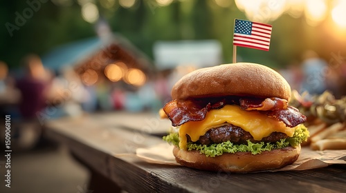 A delicious cheeseburger topped with bacon and lettuce, served on a wooden table outdoors with an American flag toothpick, surrounded by a blurred background of people and nature.