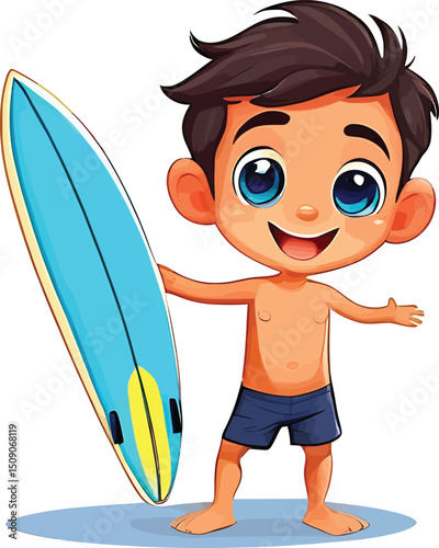 Cartoon Boy With Surfboard Vector Illustration For Summer Vacation Themes Childrens Books And Beach Related Creative Projects Showcasing Youthful Energy And Tropical Vibes In A Clean Modern Style