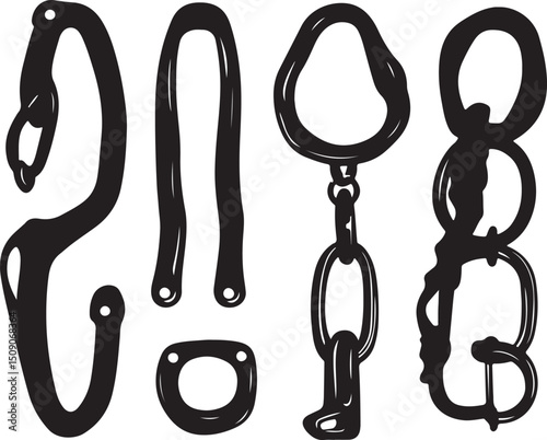 Black and White Vector Illustration of Metal Hooks, Rings, and Chains for Industrial Design