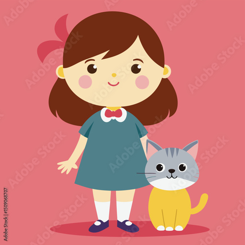 Discover our charming flat vector illustration of a little girl with her cat. Perfect for pet care themes, children's illustrations, and animal companionship, this graphic captures the sweetness of a 