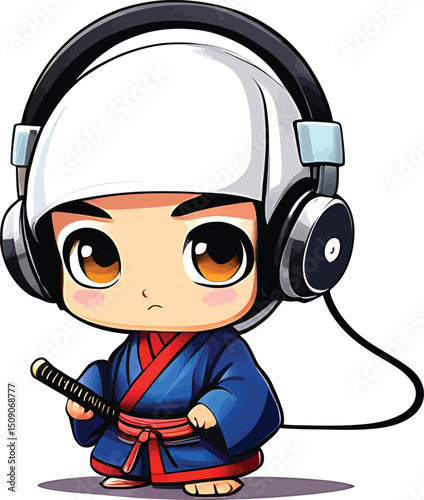 Cute Cartoon Samurai With Headphones Vector Illustration For Kids Music Or Gaming Projects Delivering A Fun And Modern Visual Style For Childrens Content And Entertainment Design