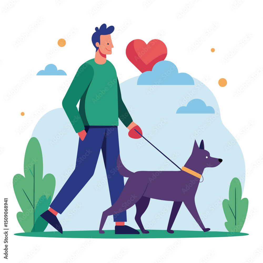 Enjoy our vibrant flat color vector illustration depicting dog lovers taking a walk together. Ideal for pet care themes, outdoor activities, and leisurely strolls, this graphic captures the joy of com