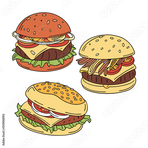 A set of color burger with white clean background