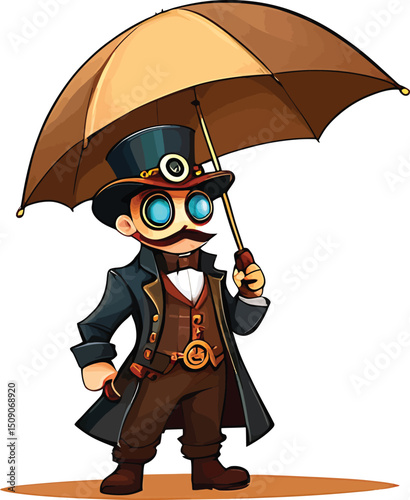 Steampunk Character Illustration A Whimsical Cartoon Depiction Of A Gentleman In Detailed Steampunk Attire Holding An Umbrella Perfect For Fantasy Stories Adventurous Designs And Imaginative
