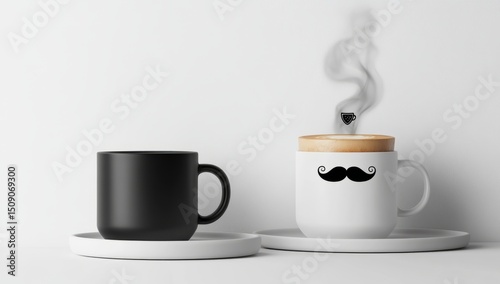 A coffee cup with mustache-shaped steam and two mugs, one black mug on the left side of a white background.