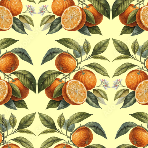 Sicilian Oranges Fruits Vector Vintage Hand Painted Classic Seamless Pattern