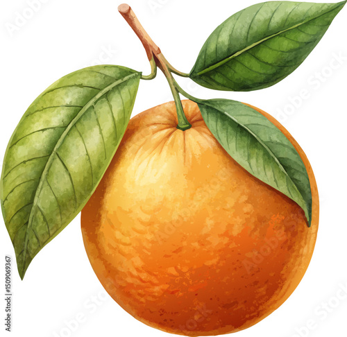 Vintage Hand Painted Orange Fruit with Green Leaves Vector Illustration