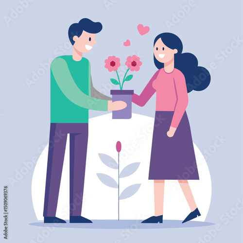 Enjoy a heartfelt design element depicting a husband presenting flowers to his wife, celebrating love and affection