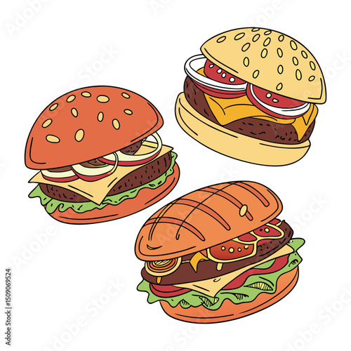 A set of color burger with white clean background