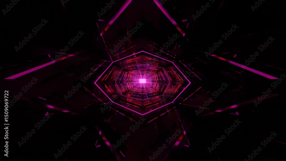 Illustration of an abstract neon VJ tunnel effect with neon lights and geometric patterns