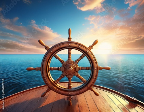 ship wheel on boat with sea and sky freedom and adventure direction concept generative ai