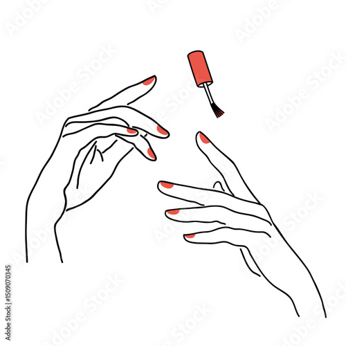 The lady does a manicure, paints her nails with varnish. Silhouette of female hands in a modern one line style. Solid line, aesthetic outline for decor, posters, stickers, logo. Vector illustration.