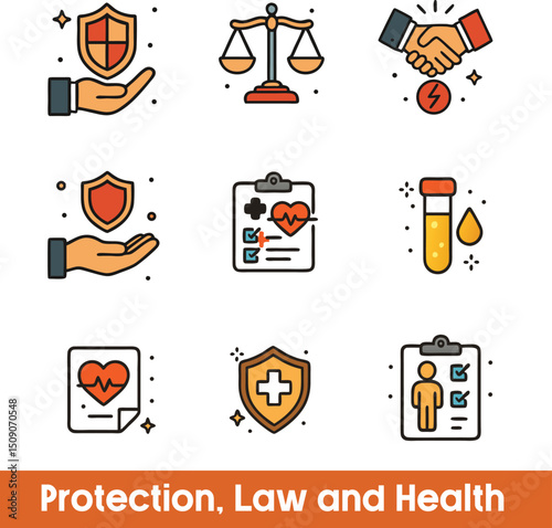Protection, law and health: A visual set of icons for a safe and just life