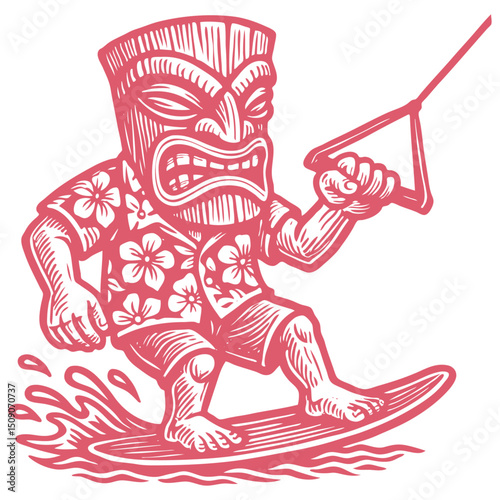 Funny tiki mask character waterskiing in a Hawaiian shirt. Retro Polynesian idol illustration in vintage woodcut or engraving style. Summer sport fun.