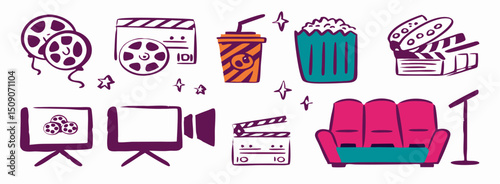Movie Night Icons: Film Reels, Popcorn, Clapperboard