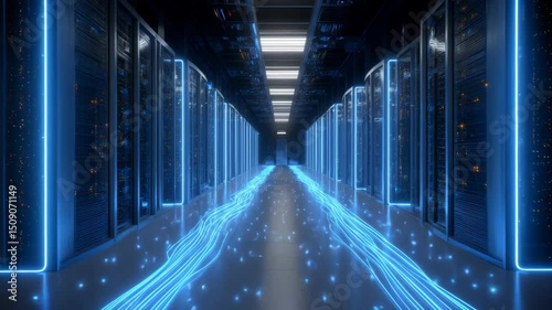 Digital infrastructure hallway with vibrant neon lights, reflecting floors, and futuristic server arrays inside a high-tech data center