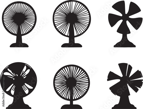 Black and White Silhouette of Table Fans: Vector Graphics, Home Appliance, Cooling Equipment