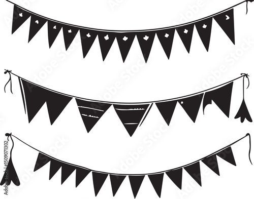 Black and White Pennant Banner Clipart: Party Decorations, Garland, Celebration, Vector Illustration