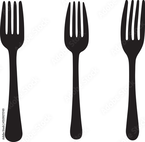 Three Black Forks Vector Illustration: Kitchen Utensils, Dining, Food, Cutlery, Silhouette Design