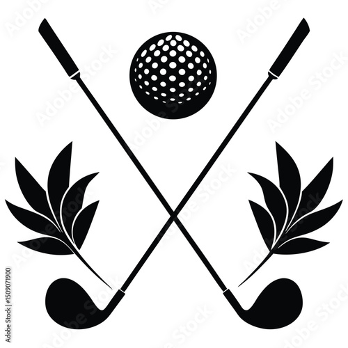 Elegant Golf Club Emblem Vector Illustration of Crossed Golf Clubs, Golf Ball, and Tropical Leaves