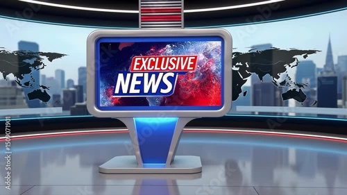 Modern News Studio with World Map and Bright Graphics Displaying Exclusive News Updates
