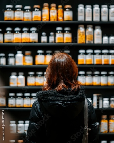 Woman Observing Shelves Full of Health Supplements and Nutritional Products in a Modern Store