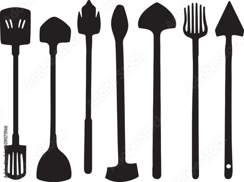 Silhouette of Kitchen Utensils: Spatulas, Skimmers, and Cooking Tools Vector Graphic