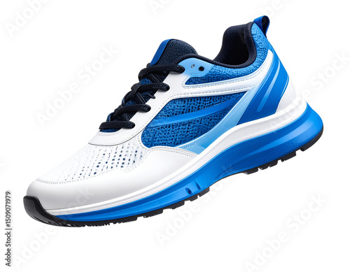 White and Blue Running Shoe Floating with Shadow, 3D Render, isolated on a transparent background
