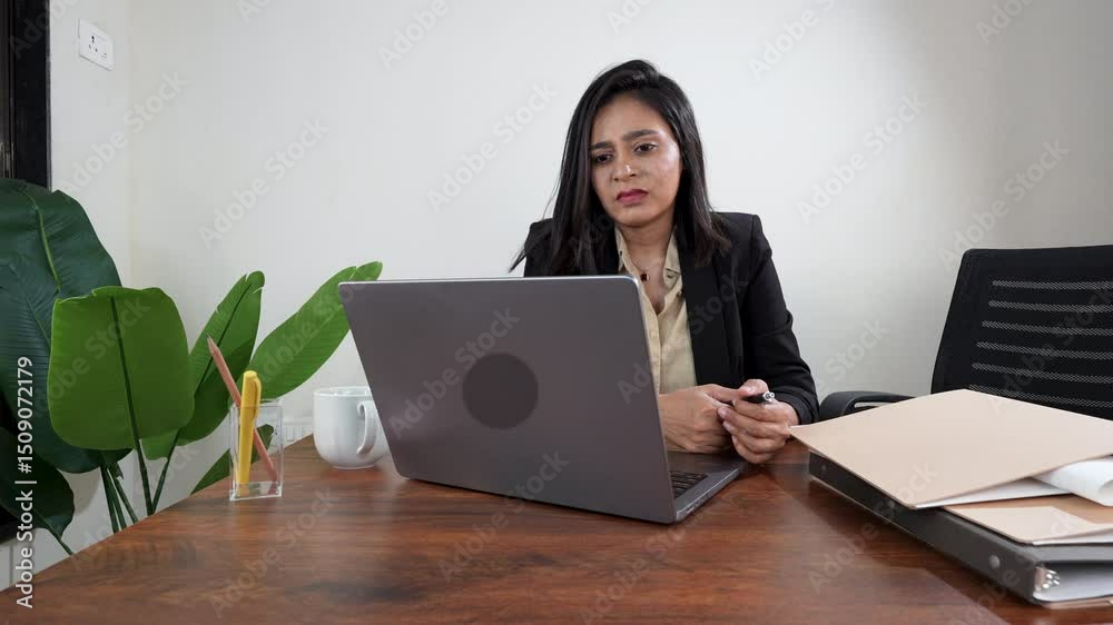 Professional woman sits at her desk, focused on her laptop screen, holding a pen, with office files Professional woman sits at her desk, focused on her laptop screen, holding a pen, with office files