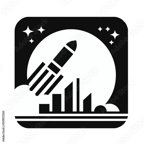 Rocket launch illustration in black and white for space exploration concept