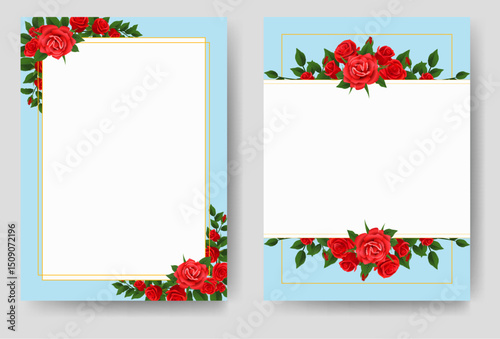 Wedding invitation card template with red roses. Vector illustration.