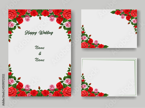 Wedding invitation card template with red roses. Vector illustration.