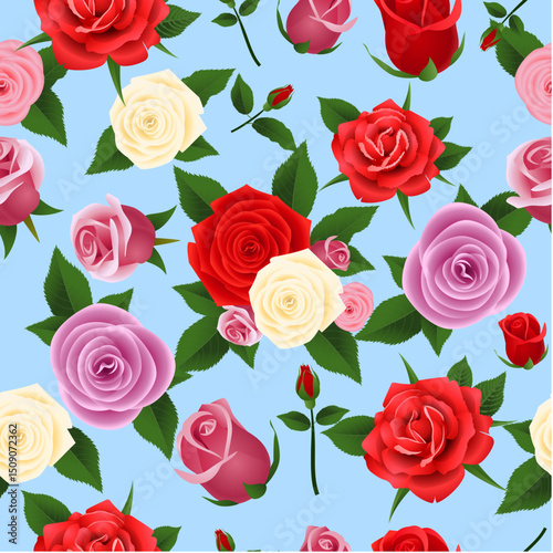 Seamless pattern with red and white roses on blue background. Vector illustration.