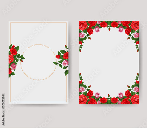 Wedding invitation card template with red roses. Vector illustration.